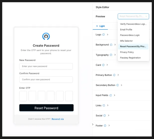 LoginRadius Auth Studio interface showing a customizable login form on the left. Style editor panel on the right displays options for logo, background, typography, buttons, and card design