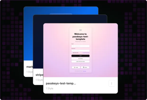 LoginRadius Auth Studio interface showing a carousel of customizable login templates in layered preview cards. Front card highlights a pink gradient passkeys-test template with standard fields and social login options