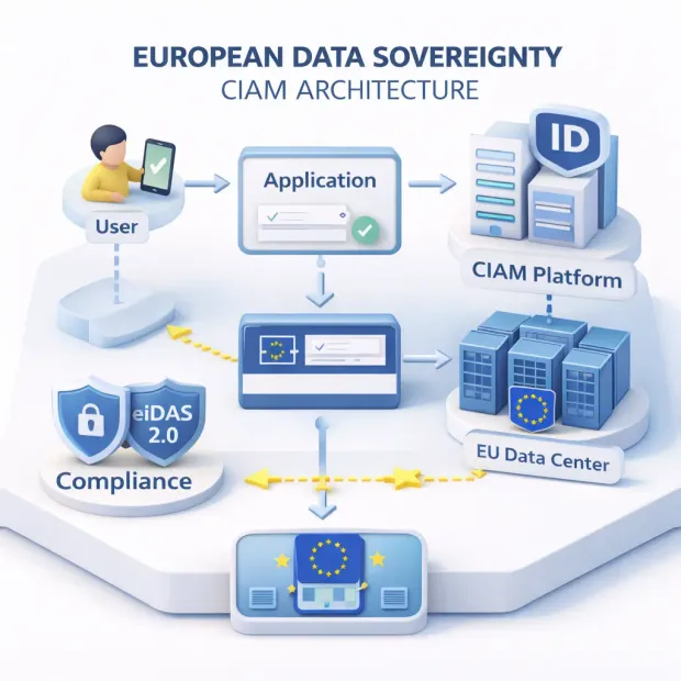 3D diagram of European data sovereignty architecture showing user authentication flow through an application, CIAM platform, and EU data center with GDPR and eIDAS compliance.