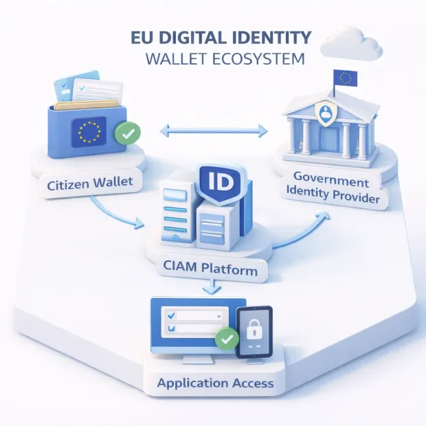 3D diagram of the EU Digital Identity Wallet ecosystem showing citizen wallets, CIAM platforms, government identity providers, and secure application access.