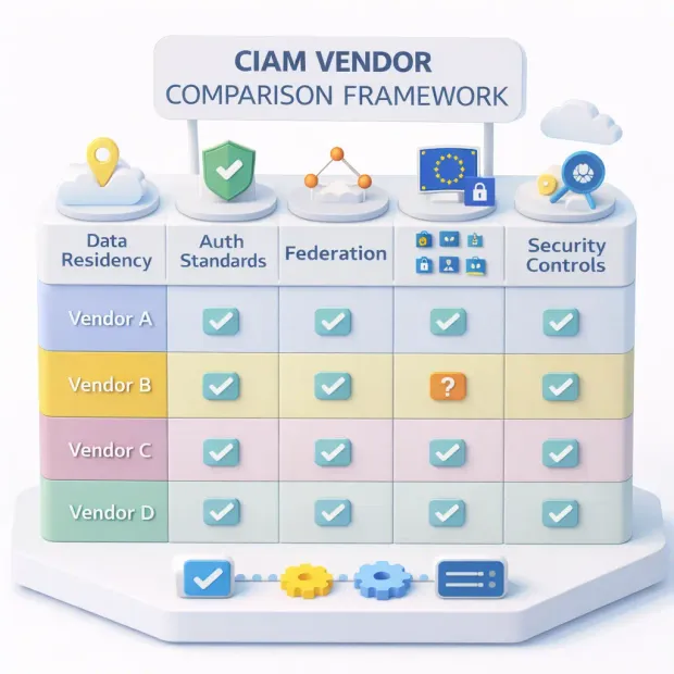 3D CIAM vendor comparison framework illustrating key evaluation factors such as data residency, authentication standards, federation, and security controls.
