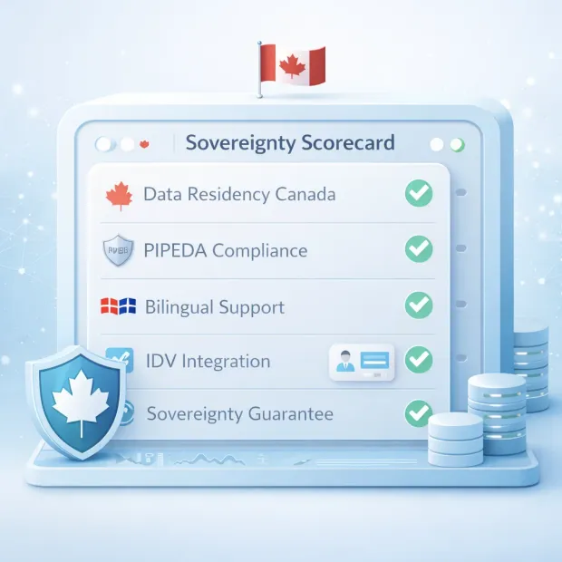 3D sovereignty scorecard dashboard illustrating Canada data residency, PIPEDA compliance, bilingual support, IDV integration, and Canadian legal governance.