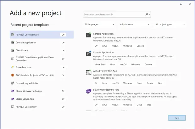 Create a new project in Visual Studio