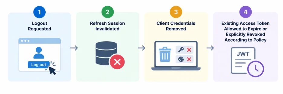 JWT logout flow showing logout request, refresh token invalidation, client credential removal, and access token expiration or revocation according to application policy.