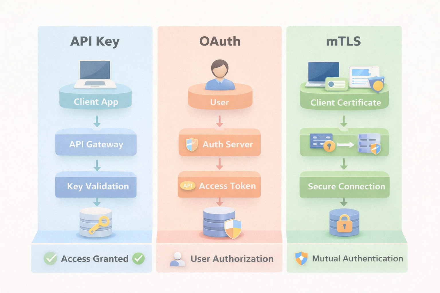 3D image comparing OAuth, API Key, and mTLS authentication architectures used to secure APIs and control application access