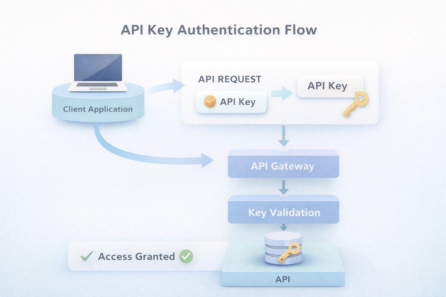 API key authentication flow diagram showing a client sending a request with an API key that is validated by an API gateway