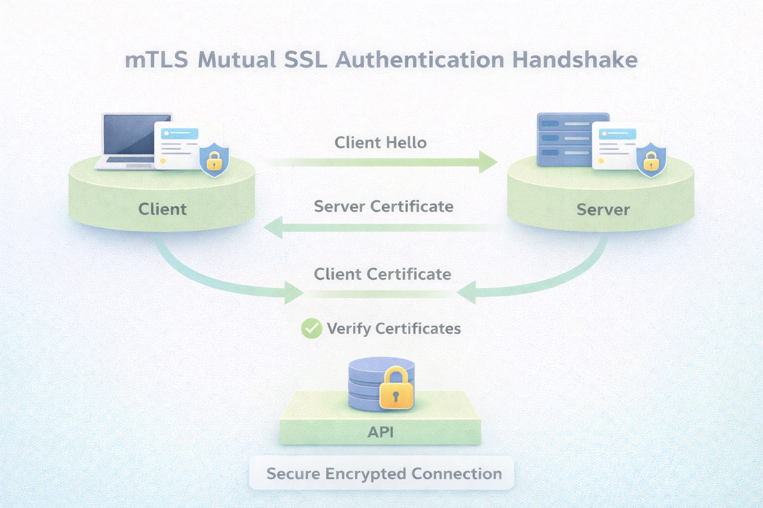 mTLS handshake diagram showing certificate exchange between client and server to establish a secure encrypted API connection