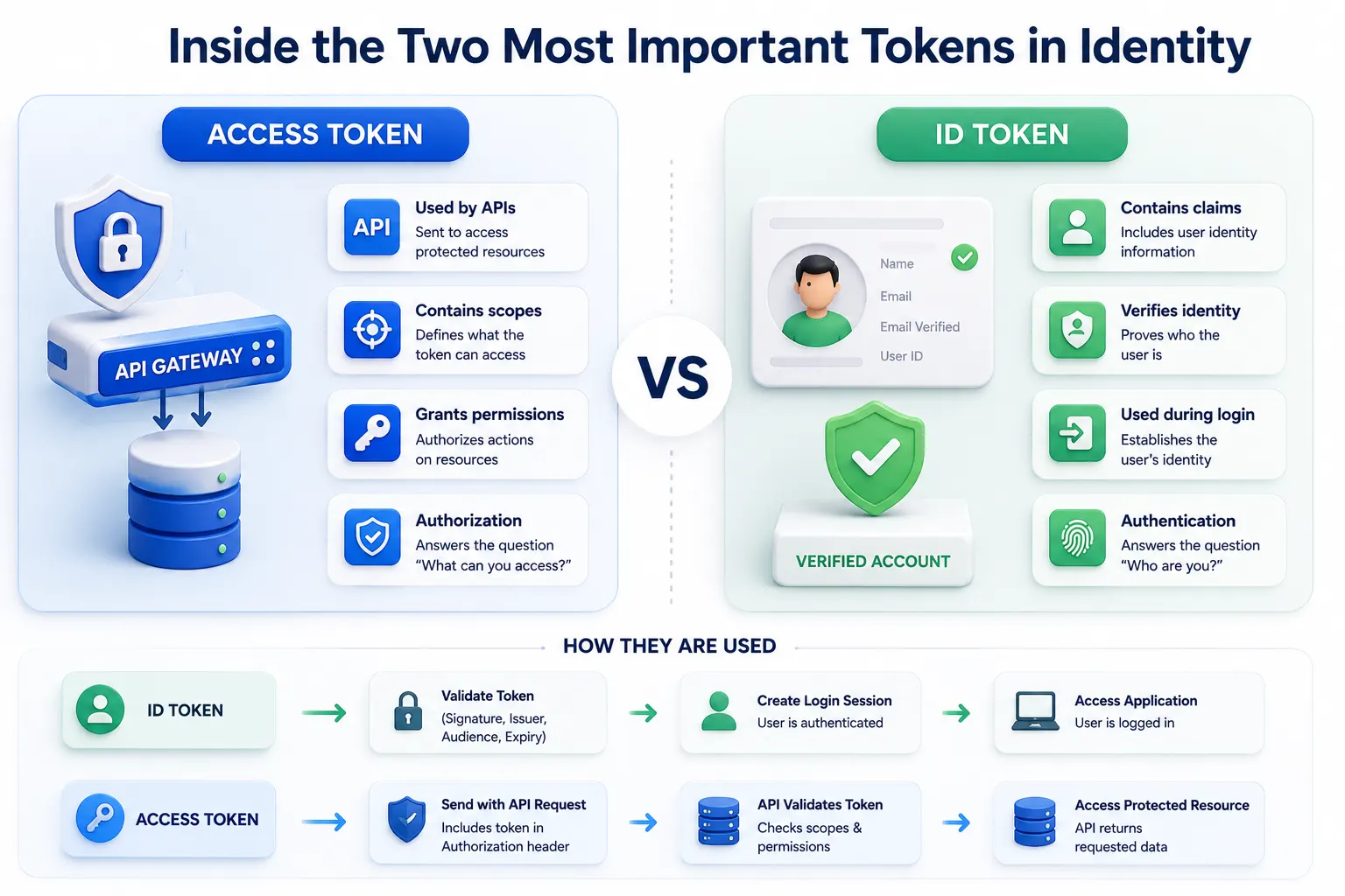 Side-by-side comparison of ID tokens and access tokens, highlighting authentication, identity claims, authorization scopes, API access, and login session creation