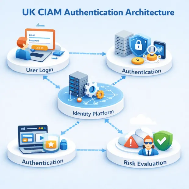 3D diagram illustrating a typical UK CIAM authentication flow including user login, identity platform processing, authentication, and risk evaluation.