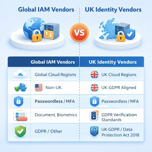 Simple comparison diagram showing differences between global IAM vendors and UK identity vendors based on infrastructure, data residency, authentication, and compliance.