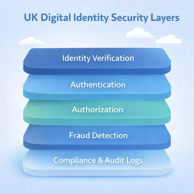 Layered diagram showing the UK digital identity security stack including identity verification, authentication, authorization, fraud detection, and compliance logging.