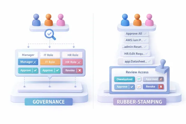 3D comparison of structured RBAC-based access reviews versus rubber-stamped approvals caused by unstructured permissions and entitlement overload
