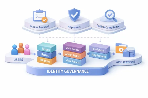 3D illustration showing identity governance and administration with users mapped to roles, permissions, and applications under centralized RBAC oversight