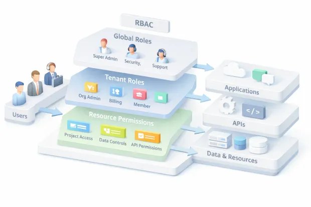 3D diagram showing CIAM RBAC architecture with global roles, tenant roles, and resource permissions controlling access to applications, APIs, and data