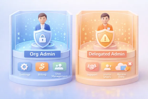 3D comparison of org admin and delegated admin roles, highlighting full administrative control versus limited, scoped permissions