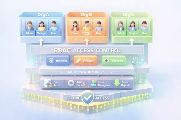 3D illustration showing multiple SaaS organizations with users mapped to roles and permissions through a centralized RBAC access control layer.