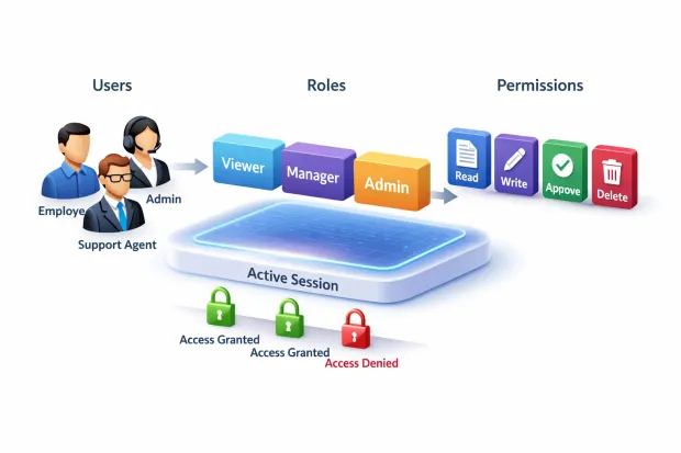 3D diagram illustrating RBAC permission checks enforced continuously during an active user session.