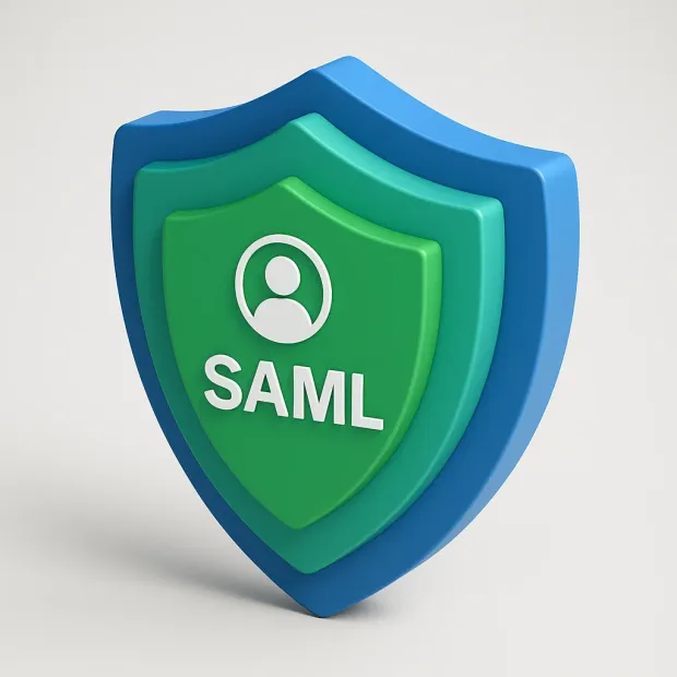 A blue-and-green shield emblem with a user-icon and the label “SAML” in the center. The design represents secure identity and authentication using the SAML protocol.