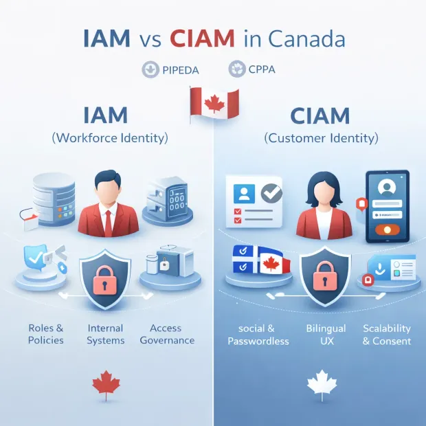 3D comparison diagram showing IAM for workforce identity versus CIAM for customer identity in Canada, highlighting PIPEDA compliance, scalability, and bilingual support.