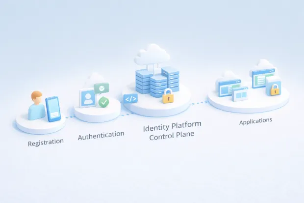 Simple 3D CIAM architecture flow showing user registration, authentication, identity platform control plane, and application access.
