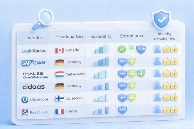 3D comparison framework visualizing CIAM vendors by headquarters region, scalability, compliance, and identity capabilities.