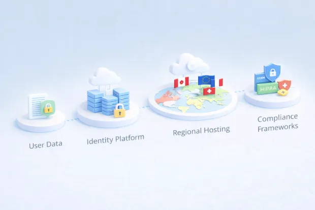 3D diagram illustrating data sovereignty flow from user data to identity platform, regional hosting, and compliance frameworks.