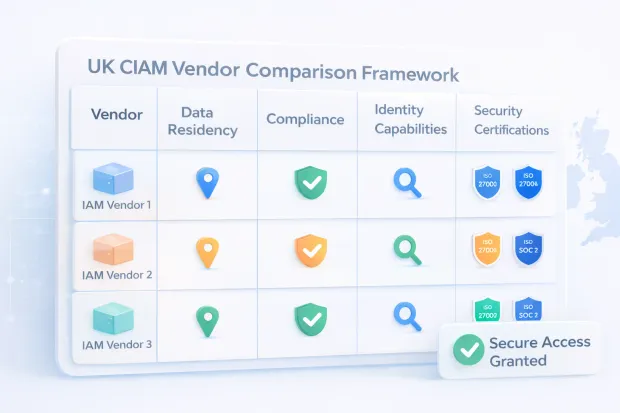 3D comparison framework illustrating how UK CIAM vendors differ across data residency, security compliance, identity capabilities, and authentication features.