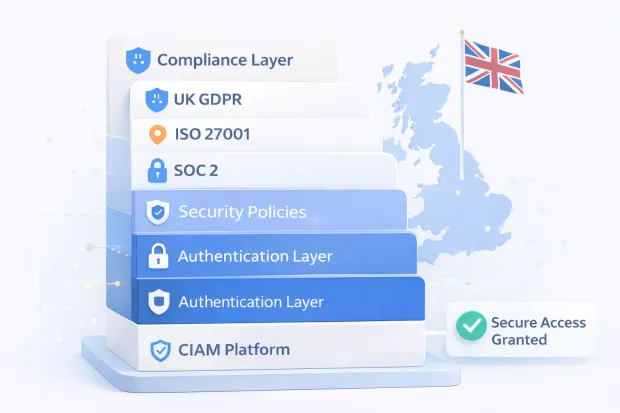 Simple layered diagram showing UK identity security architecture including authentication, security policies, and compliance standards like UK GDPR and ISO 27001.