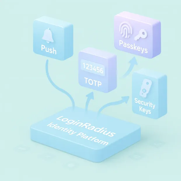 A diagram showing the LoginRadius Identity Platform with arrows pointing to four authentication methods: Push, Passkeys, TOTP, and Security Keys.