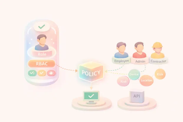 Illustrations showing RBAC mechanism for employee, admin, and contractor