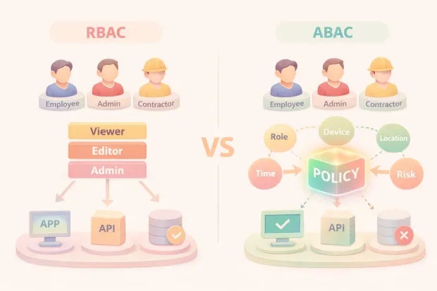 Illustrations depicting RBAC vs ABAC comparison for different roles as employee, admin, and contractor