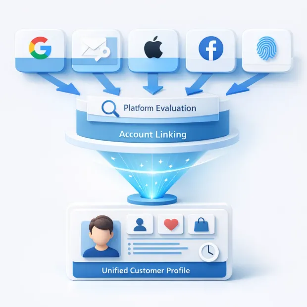 3D CIAM architecture showing multiple login methods unified into a single customer profile through account linking