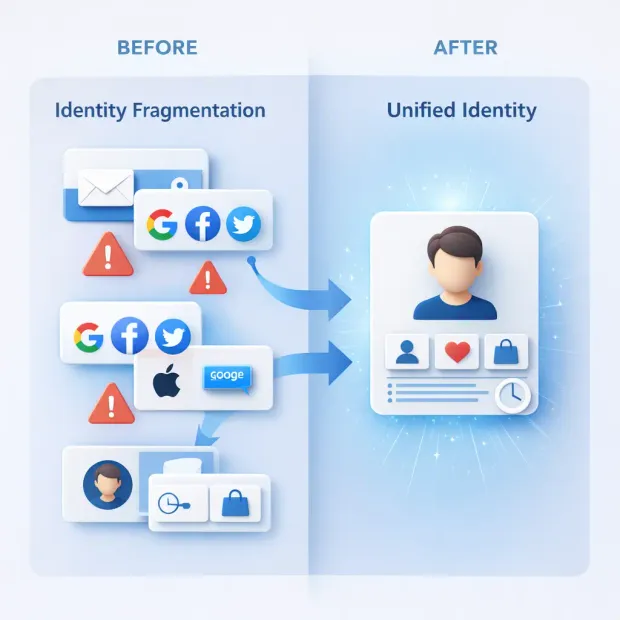 3D diagram showing multiple login methods converging into a single unified customer profile using account linking.