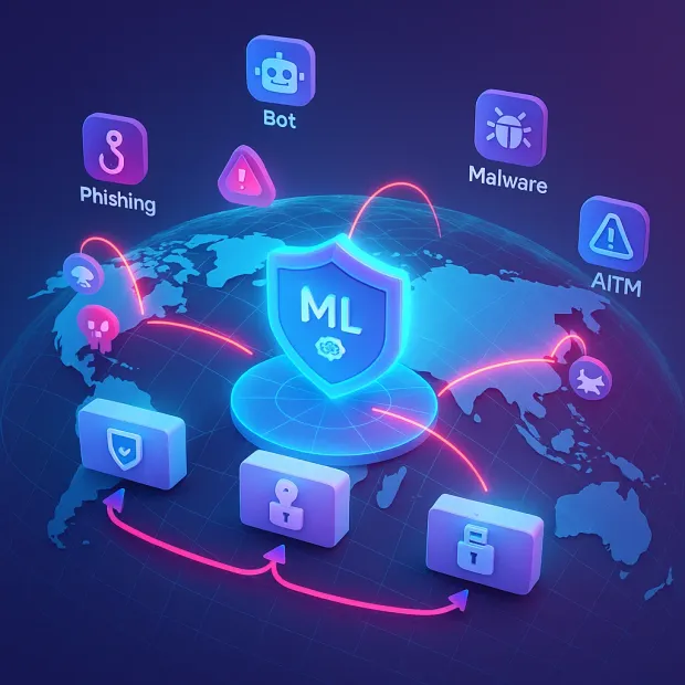 Illustration of an ML-powered security shield protecting a global network from threats like phishing, bots, malware, and AITM attacks. Depicts machine learning detecting and blocking cyber threats across regions to secure user accounts and systems