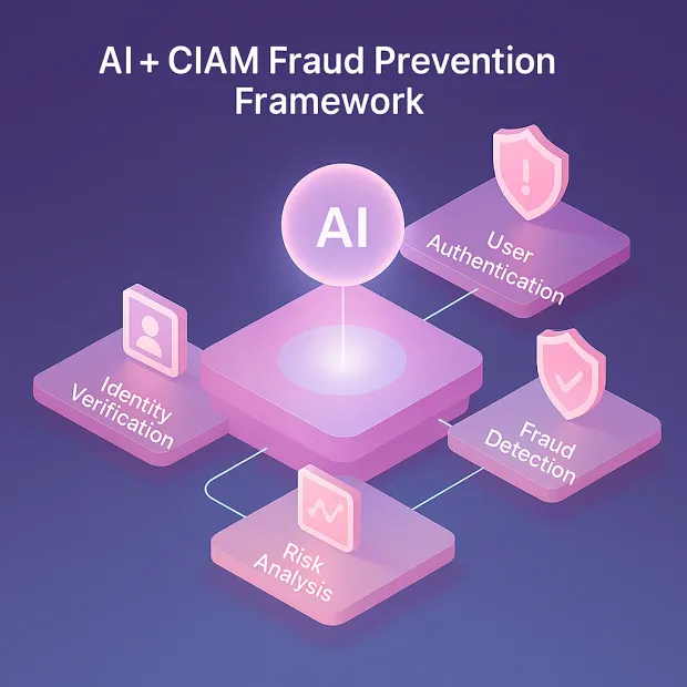 3D-style diagram of an AI + CIAM Fraud Prevention Framework featuring AI at the center with connected components: Identity Verification, Risk Analysis, Fraud Detection, and User Authentication.