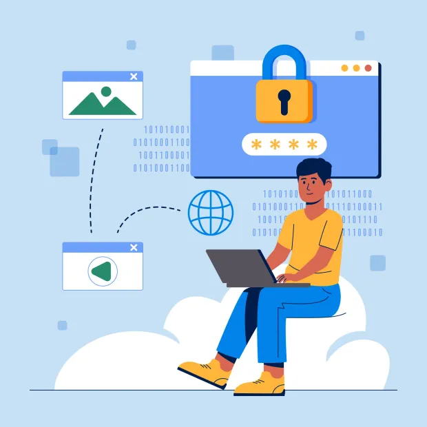 Illustration showing a user with laptop trying to authenticate.