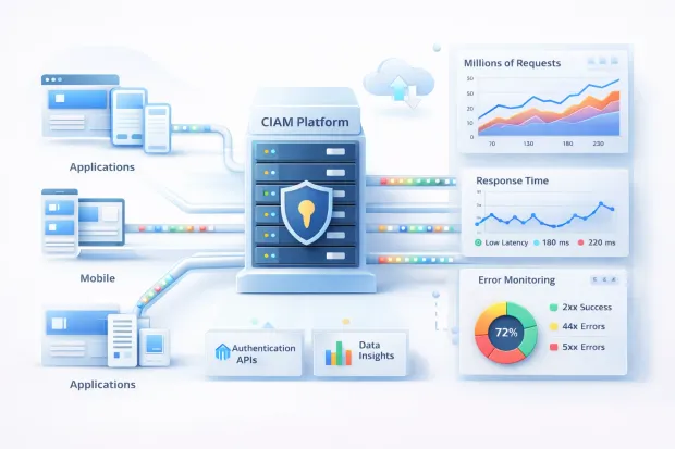3D visualization of enterprise identity performance at scale showing CIAM platform, authentication APIs, request volume, response time, and error monitoring.