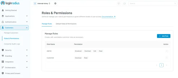 LoginRadius dashboard with roles and permissions page where a user can manage roles by assigning permissions for different users like admin or customer.