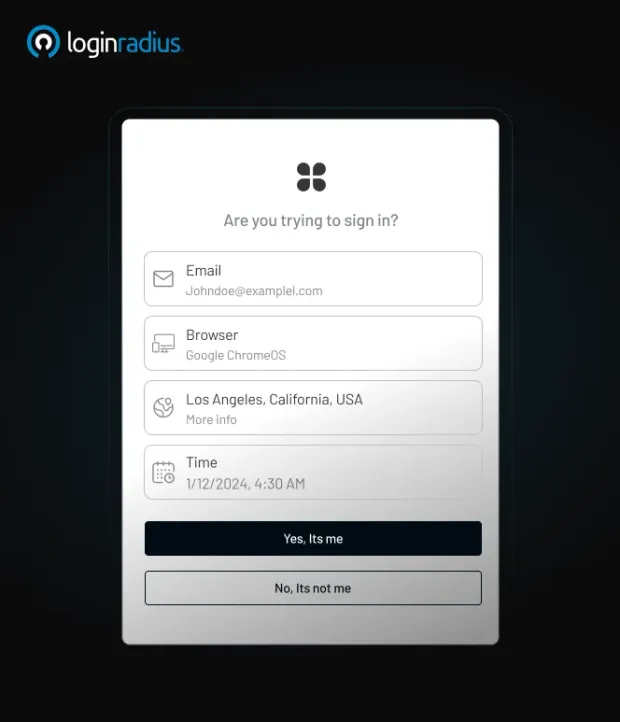 Authentication prompt asking the user to verify a login attempt, showing email, browser, location, and time details. The user can confirm with “Yes, it’s me” or deny with “No, it’s not me.”