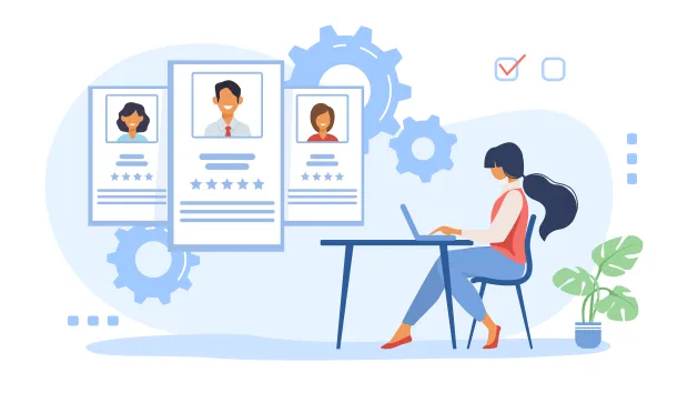 Illustration of a user managing partner organization profiles through a digital interface, symbolizing delegated admin and access control. Represents key Partner IAM features like multi-org management, role-based access, and identity onboarding.
