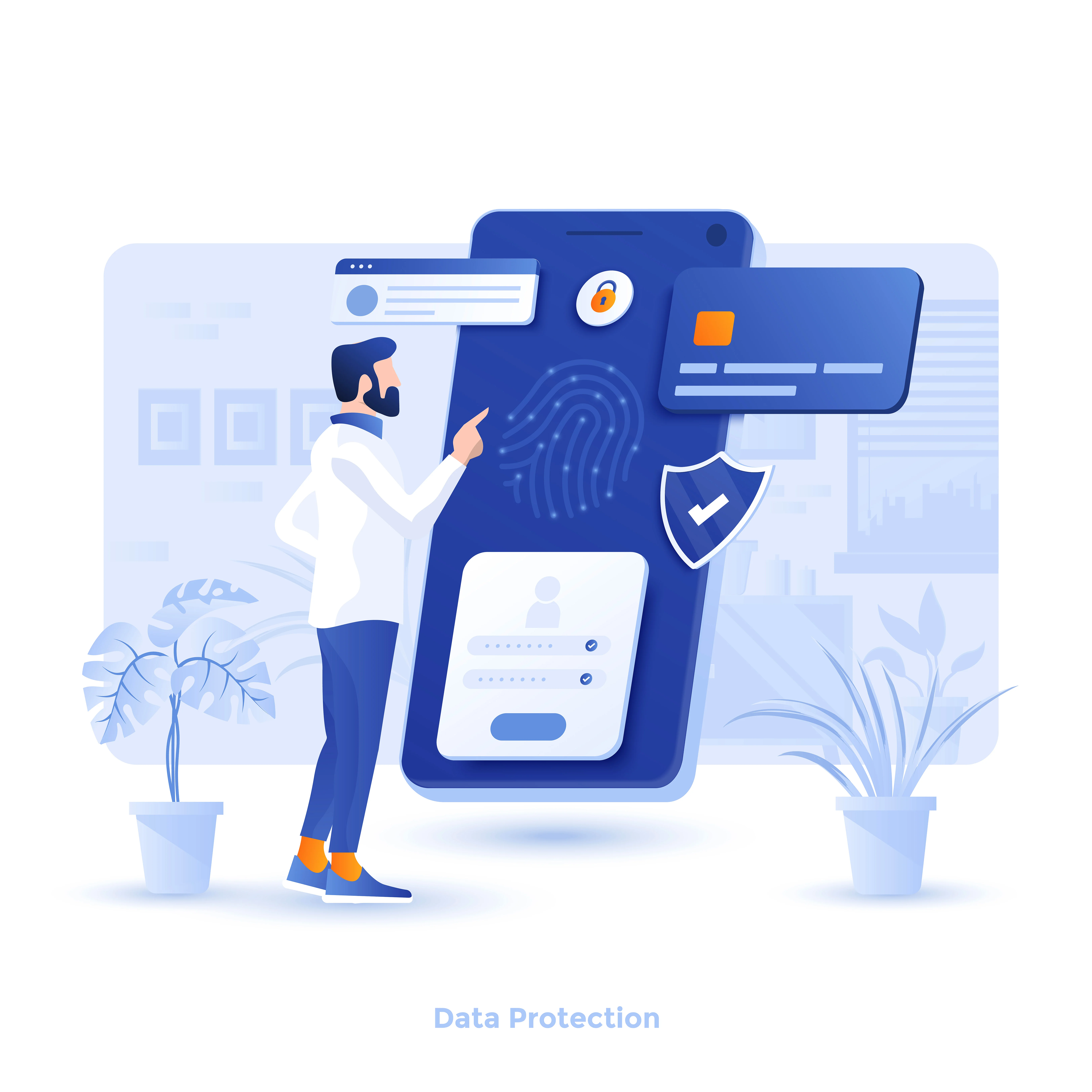 Illustration of a man interacting with a giant smartphone displaying biometric login options like fingerprint scanning. Visual elements highlight secure authentication and digital identity protection.