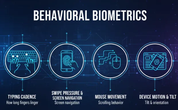 Illustration labeled “Behavioral Biometrics” with various behavior-based authentication methods. Shows typing cadence, swipe pressure, mouse movement, and device motion/tilt icons.