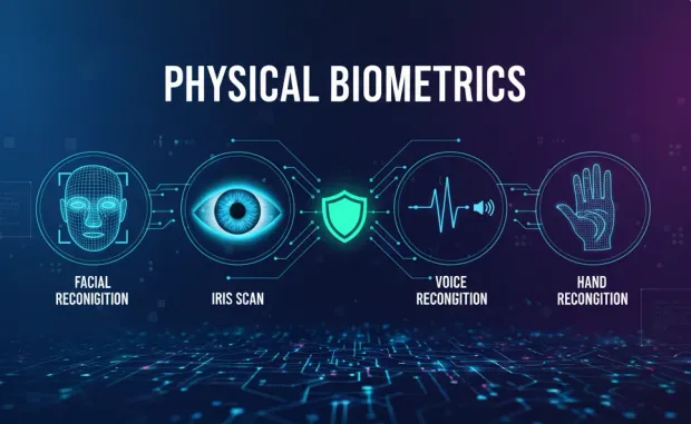 Graphic titled “Physical Biometrics” showing different biometric types. Includes icons for facial recognition, iris scan, voice recognition, and hand recognition.