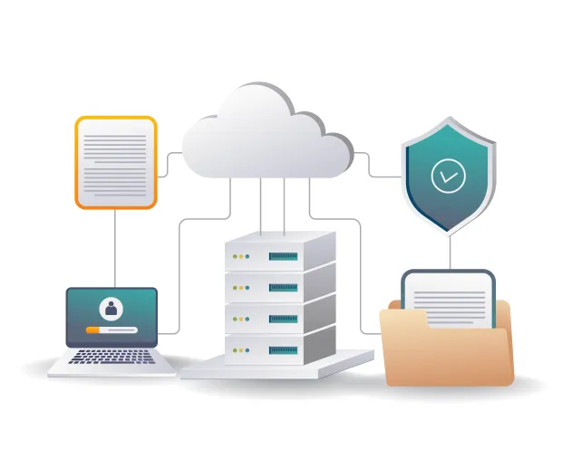 Illustration of cloud-based data infrastructure connecting servers, documents, a secure login, and shield icon.  Depicts secure identity and access management in a digital ecosystem.
