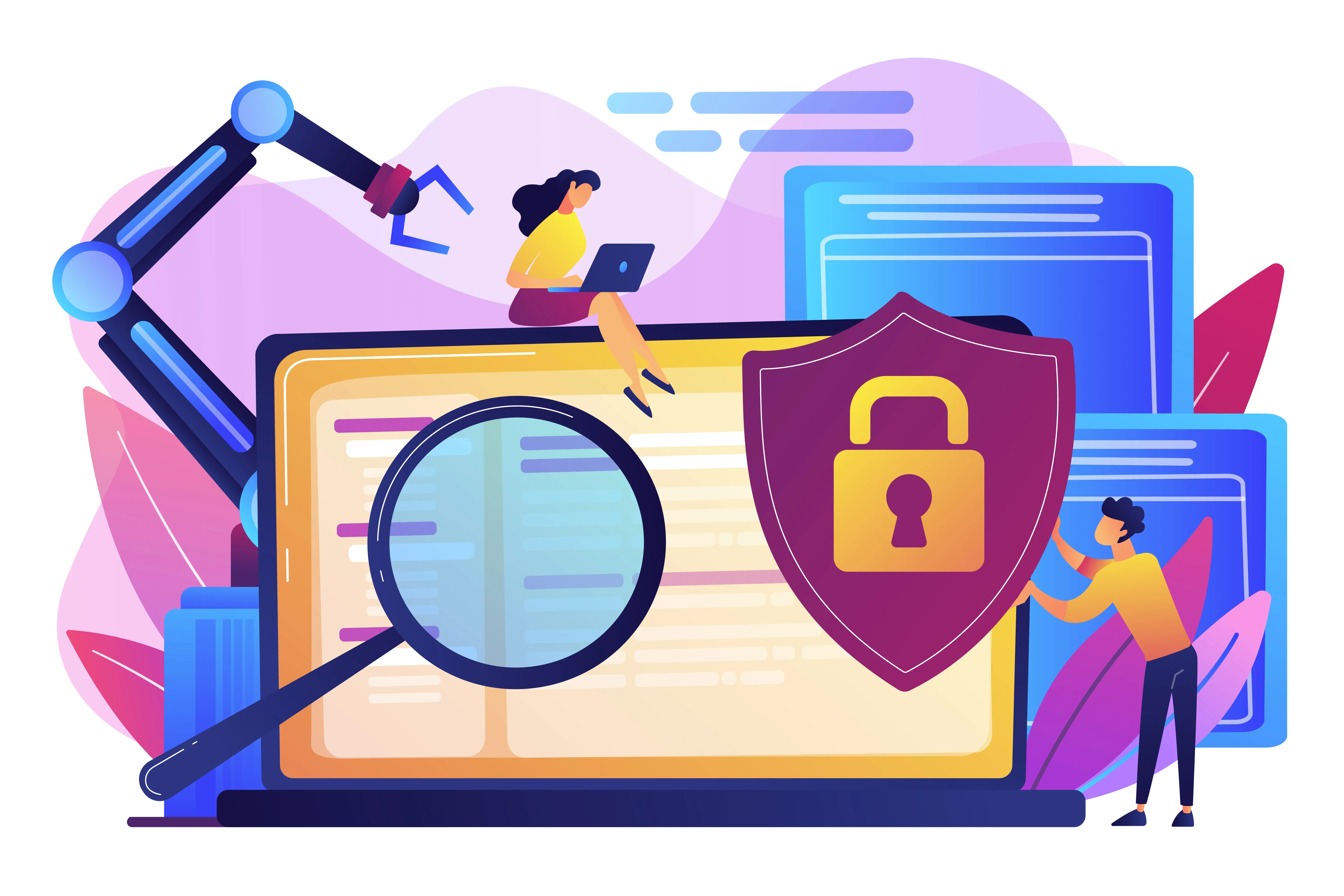 Illustration of cybersecurity and data privacy, showing a large shield with a padlock symbol on a screen. People and robotic arms interact with digital elements, emphasizing secure information handling.