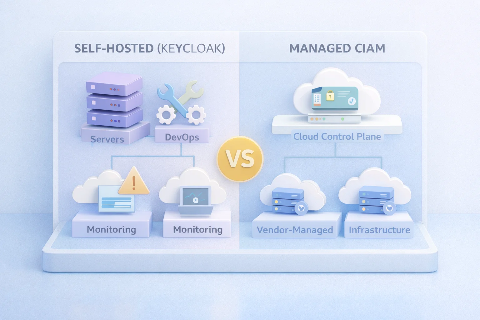 3D side-by-side diagram showing self-hosted CIAM (Keycloak) versus managed CIAM architecture with infrastructure and operational differences.