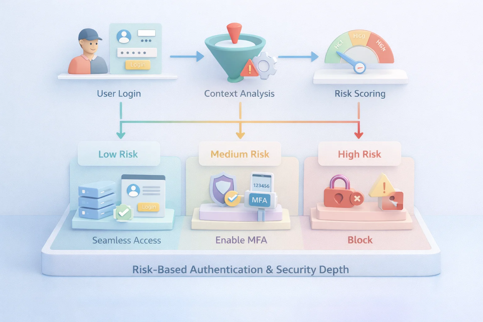 3D flowchart of risk-based authentication showing login, context analysis, risk scoring, and outcomes like seamless access, MFA, or block