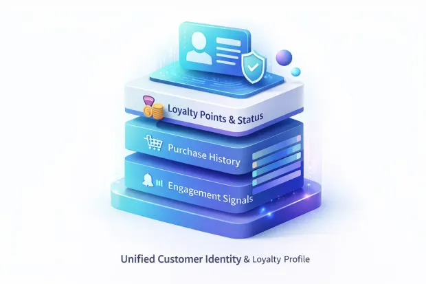 3D identity-driven loyalty architecture showing a central identity platform connected to loyalty programs, POS systems, web and mobile apps, and analytics tools