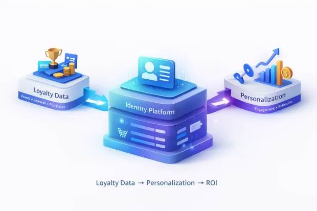 3D illustration of a unified customer identity profile combining loyalty points, purchase history, and engagement signals into a single secure customer view