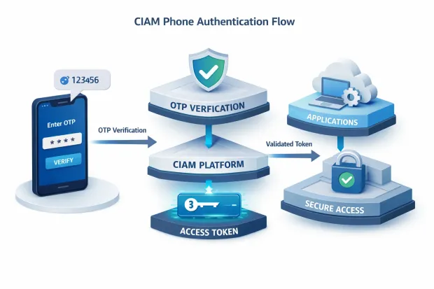 3D visualization of CIAM phone authentication workflow enabling secure, mobile-first user access using OTP